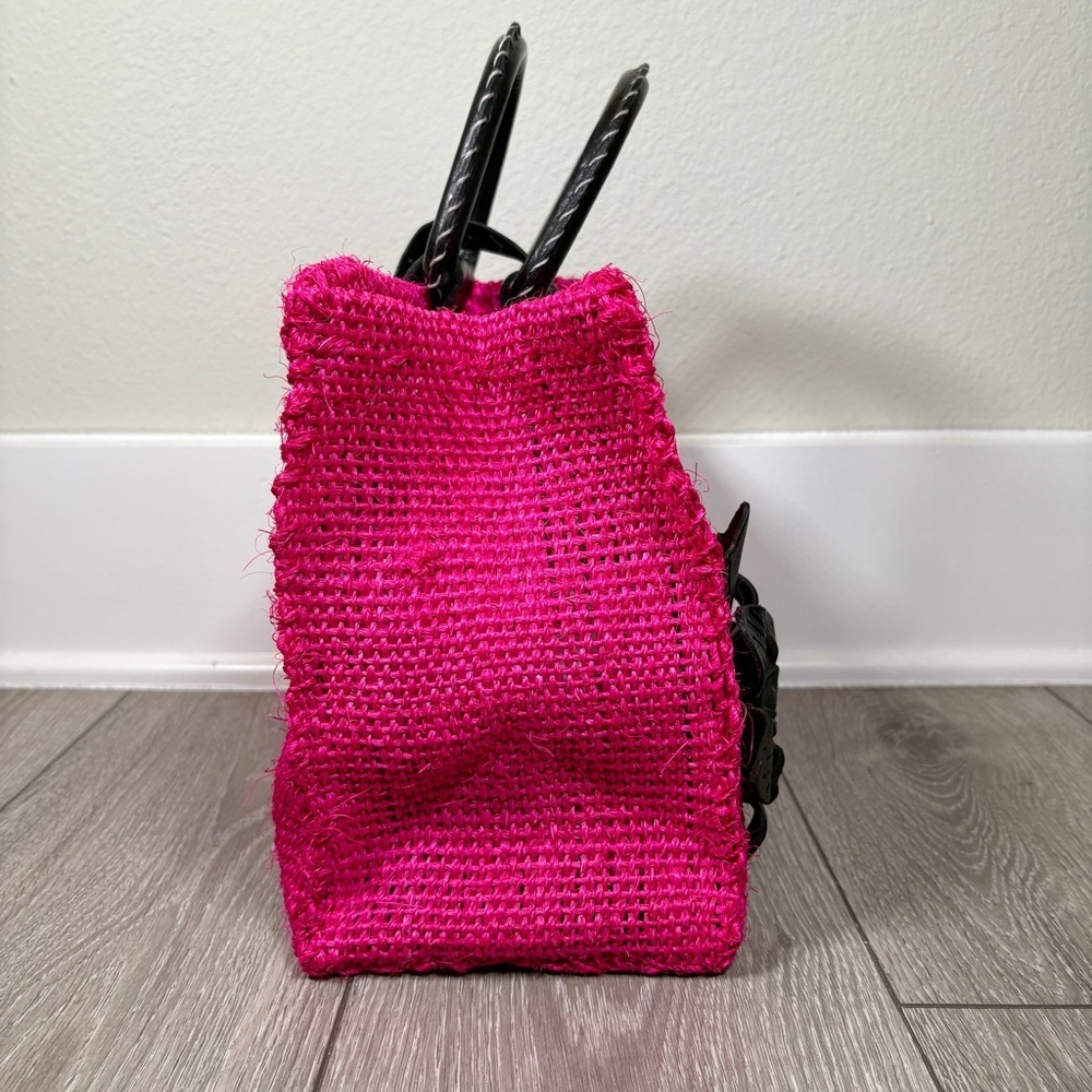 Pink Woven Handbag with Black Floral Accents - Picture 3 of 7